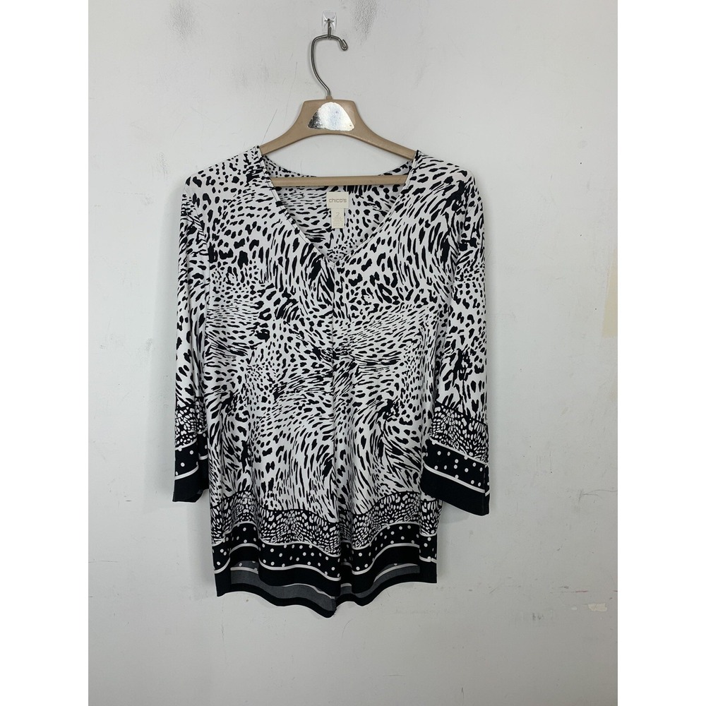 Chicos Womens Shirt 2 Large Animal Print Mob Boss Preppy Office Zebra Old‎ Money